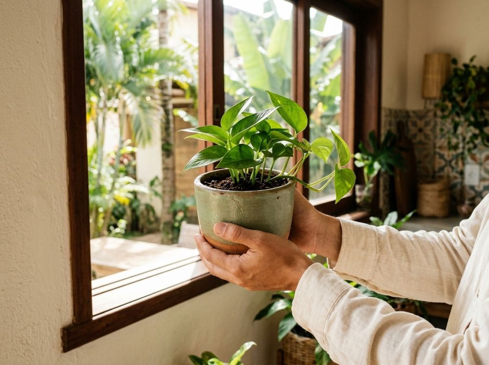 Mãos segurando um vaso com planta saudável perto da janela