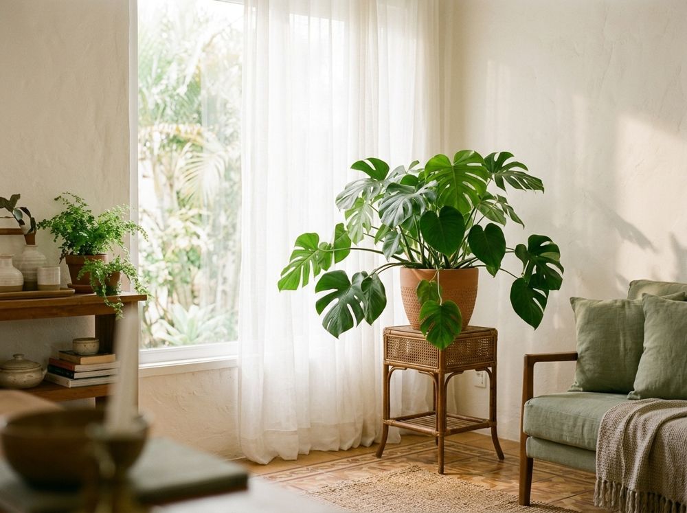 Sala clara com plantas perto da janela